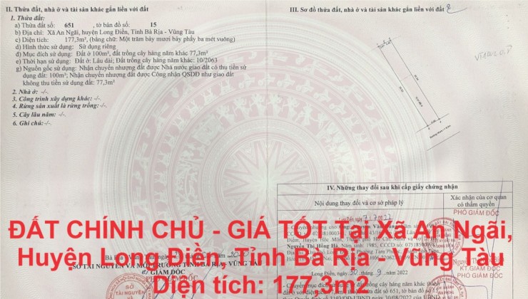 ĐẤT CHÍNH CHỦ - GIÁ TỐT Tại Xã An Ngãi, Huyện Long Điền, Tỉnh Bà Rịa - Vũng Tàu