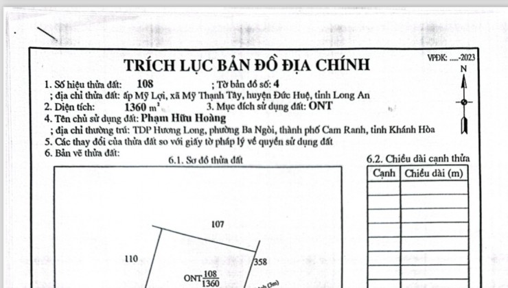 Bán lô đất 1360m2 Full thổ cư ấp Mỹ Lợi, xã Mỹ Thạnh Tây, Đức Huệ, Long An