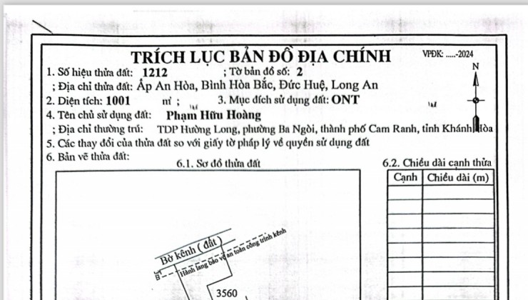 Cần bán lô đất Thổ cư 1001m2 Ấp An Hòa, xã Bình Hòa Bắc, Đức Huệ, Long an