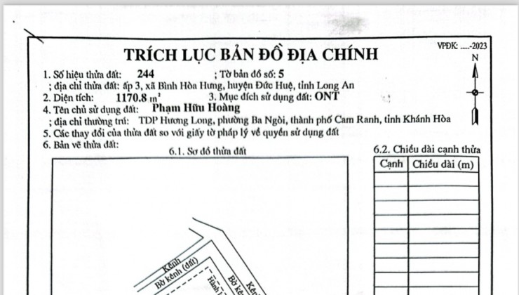 Bán lô đất 1170,8m2 thổ cư Ấp 3 xã Bình Hòa Hưng, Đức Huệ Long an