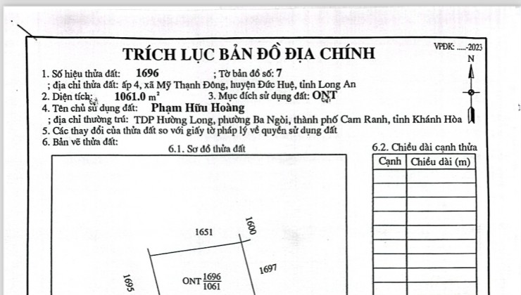 Bán đất 1061m2 full thổ cư Ấp 4, xã Mỹ Thạnh Đông, Đức Huệ Long an