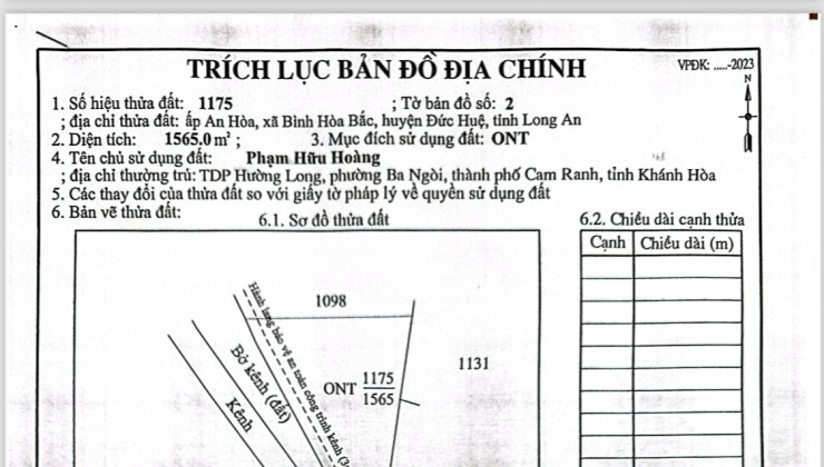 Bán lô đất 1565m2 Thổ cư full ấp An Hòa, Bình Hòa Bắc, Đức Huệ, Long an