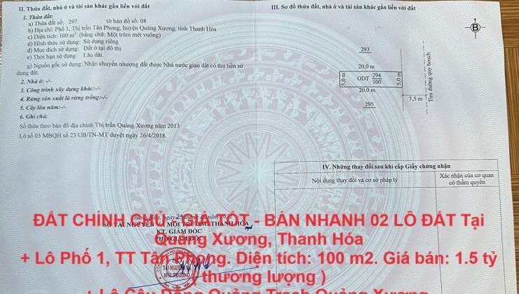 ĐẤT CHÍNH CHỦ - GIÁ TỐT - BÁN NHANH 02 LÔ ĐẤT Tại Quảng Xương, Thanh Hóa