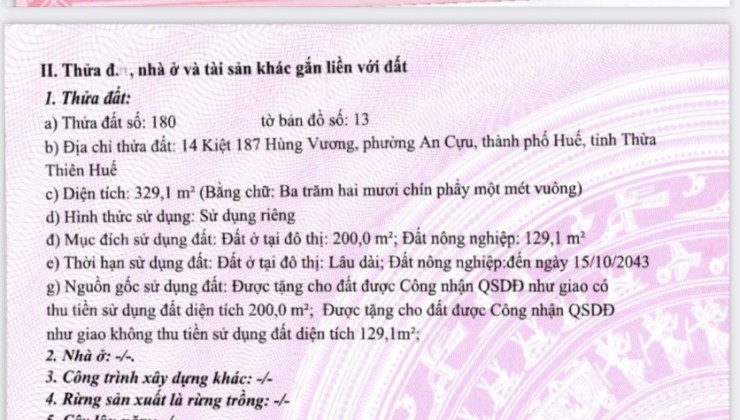 **CƠ HỘI SỞ HỮU NHÀ KIỆT OTO HÙNG VƯƠNG, AN CỰU, TP HUẾ, TỈNH THỪA THIÊN HUẾ