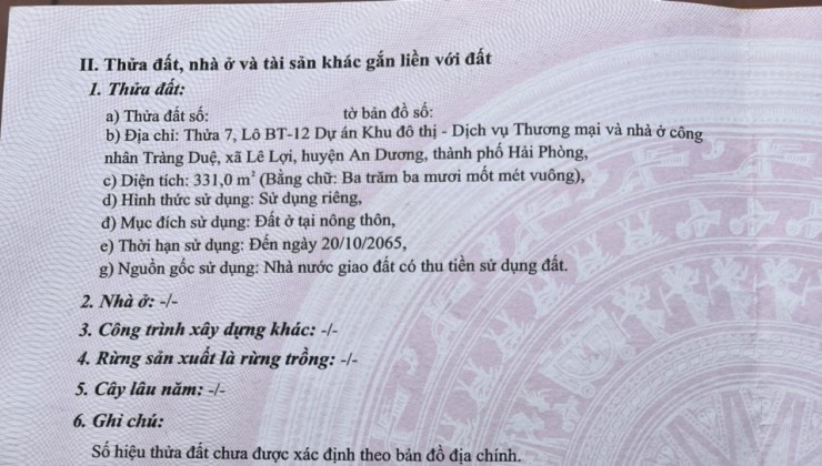 !! SIÊU PHẨM CỰC HÓT*CHÍNH CHỦ BÁN LÔ ĐẤT 331M2 TẠI KCN TRÀNG DUỆ, AN DƯƠNG, TP HẢI PHÒNG