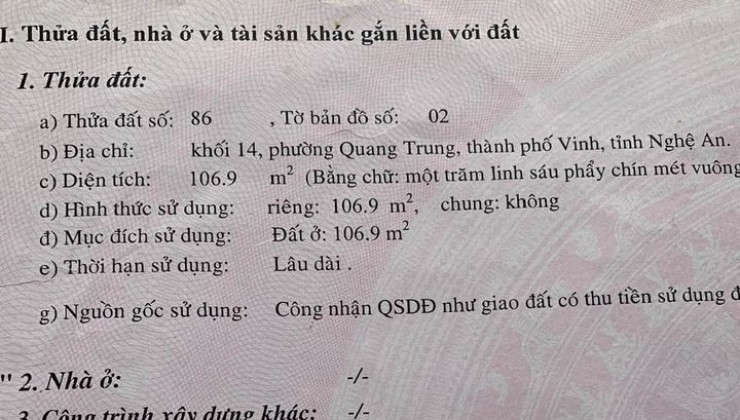 CHÍNH CHỦ BÁN DẤT TẠI ĐƯỜNG PHAN CHU TRINH, PHƯỜNG QUANG TRUNG, TP VINH, NGHỆ AN