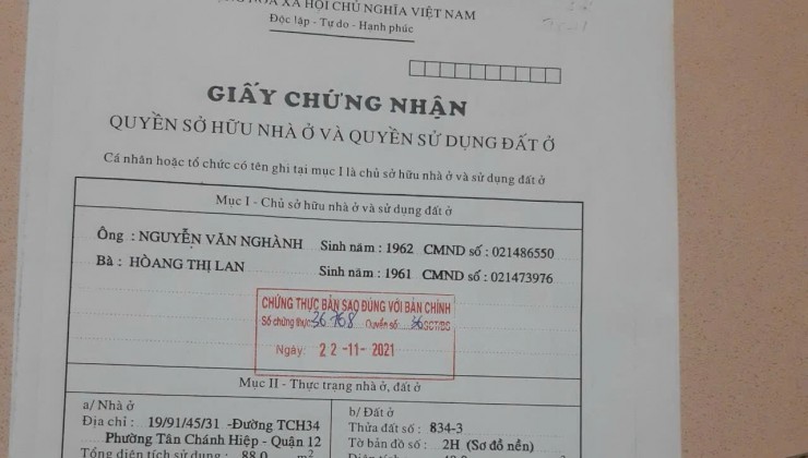 Nhà Mặt Tiền Nhánh 7m thông Tân Chánh Hiệp 18, Quận 12 chỉ nhĩnh 3 tỷ, SHR