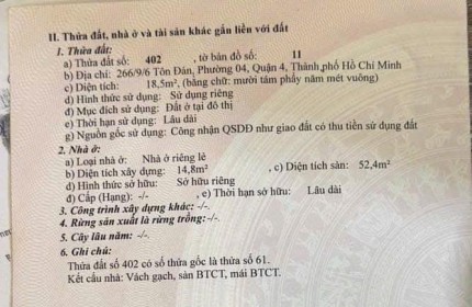 Nhà hẻm 266/9 Tôn Đản P4Q4HCM 18.5m 1 trệt 1 lửng 2 lầu 1ST. SHR 2.7 tỷ. Lh:0854049979