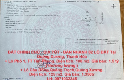 ĐẤT CHÍNH CHỦ - GIÁ TỐT - BÁN NHANH 02 LÔ ĐẤT Tại Quảng Xương, Thanh Hóa