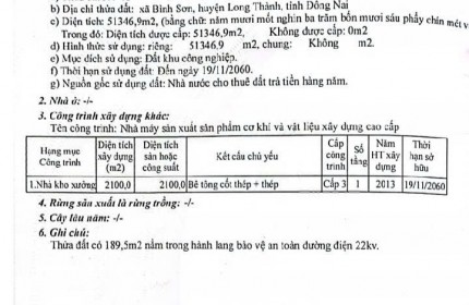 Bán đất và xưởng kcn Lộc An Bình Sơn Đồng Nai.DIện Tích : 51.346 m2 .Nhà Xưỡng : 4.200 m2 ( 2.100m đá hoàn công)