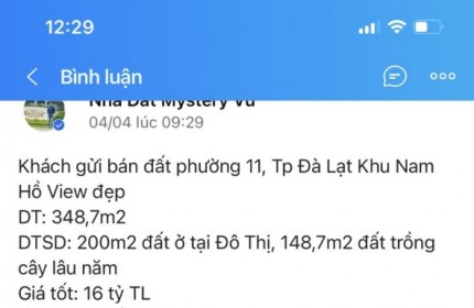 CHÍNH CHỦ BÁN ĐẤT PHƯỜNG 11, TP. ĐÀ LẠT - KHU NAM HỒ VIEW ĐẸP