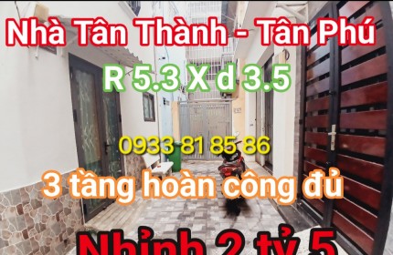 Nhỉnh 2 tỷ 7 Có căn nhà 3 tầng rộng 5,3 x 3.55 Tân Thành - Quận Tân Phú