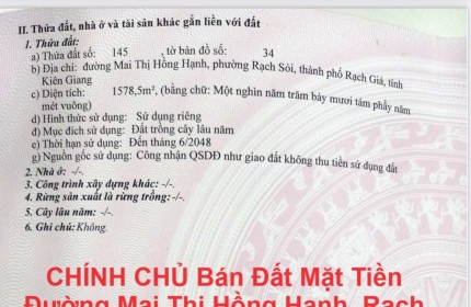 CHÍNH CHỦ Bán Đất Mặt Tiền Đường Mai Thị Hồng Hạnh, Rạch Giá, Kiên Giang