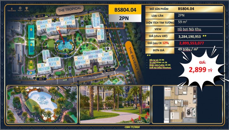 BÁN CĂN HỘ 2 PN TROPICAL, 59M2 TẠI VINHOMES GRAND PARK QUẬN 9 GIÁ CHỈ 2.899 TỶ, TẠNG 2 SUẤT HỌC BỔNG VINSCHOOL