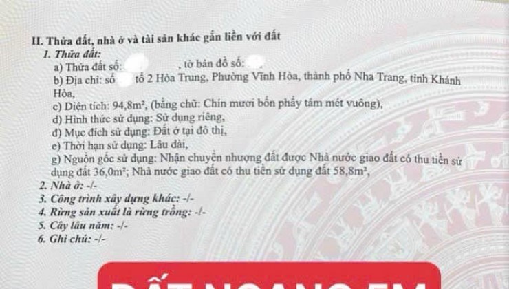 GIÁ GIẢM CỰC SỐC! LÔ ĐẤT FULL THỔ, HẺM Ô TÔ HOÀ TRUNG,VĨNH HOÀ, NHA TRANG.