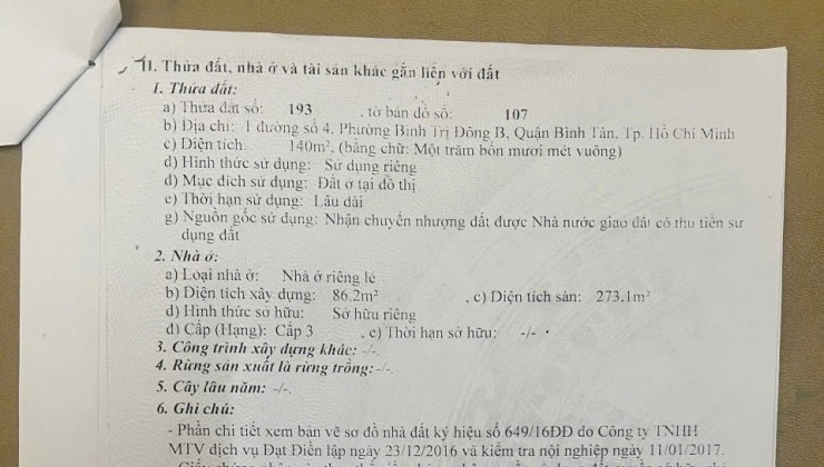 Tôi cần bán biệt thự số 1 đường số 4  , Phường Bình trị Đông B quận Bình Tân