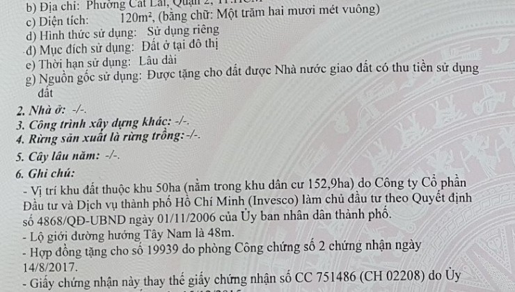 Bán đất Phường Cát Lái - Quận 2; Gần Đại học Công nghệ TP.HCM