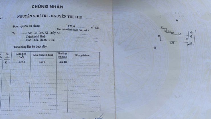 BÁN ĐẤT Kiệt ô Tô Võ Văn Kiệt , An Tây , Tp Huế giá chỉ 1,2X Tỷ cách mặt tiền 30m