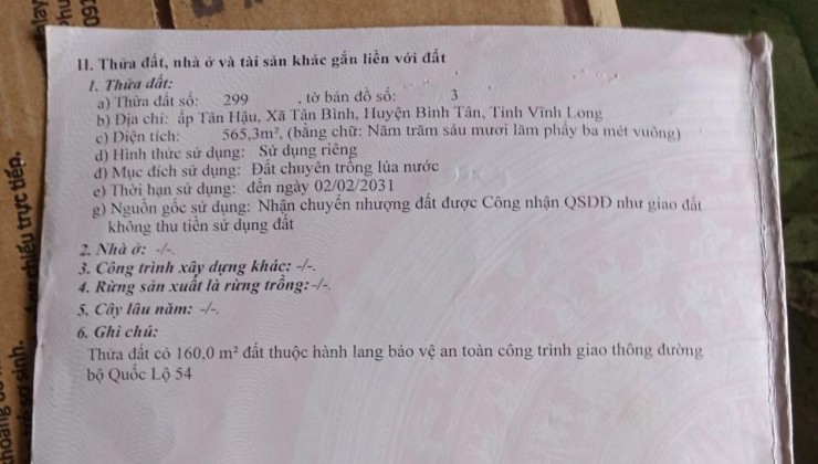 Đất Đẹp - Giá Tốt - Chính Chủ Cần Bán Lô Đất Vị Trí Đẹp Tại Quốc lộ 54 , Xã Tân Bình,  Bình Tân, Vĩnh Long