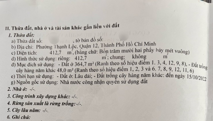 BÁN ĐẤT (9X46) TẶNG NHÀ XƯỞNG SẴN DÒNG TIỀN MT 9M THẠNH LỘC 15, Q12 NHĨNH 1X TỶ