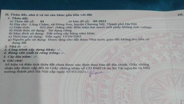 Chính chủ bán lô đất nhà vườn 450m2 Đông Sơn, Xã Đông Sơn, Huyện Chương Mỹ