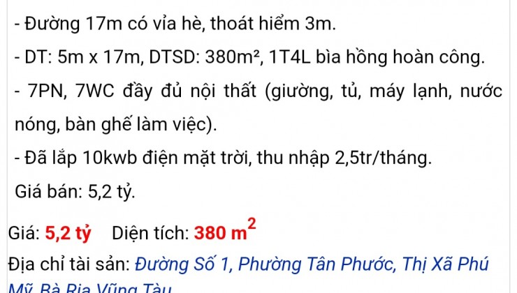 Chủ gởi bán căn nhà 5 lầu 1 trệt , phườn tân phước thị xã phú mỹ , bà rịa vũng tàu