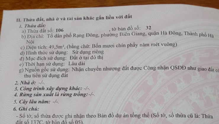 BÁN ĐẤT 50M2 NGAY CHỢ BIÊN GIANG - HÀ ĐÔNG