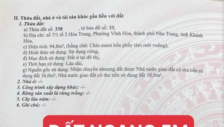 GIÁ SỐC! LÔ ĐẤT FULL THỔ, HẺM Ô TÔ HOÀ TRUNG,VĨNH HOÀ, NHA TRANG.