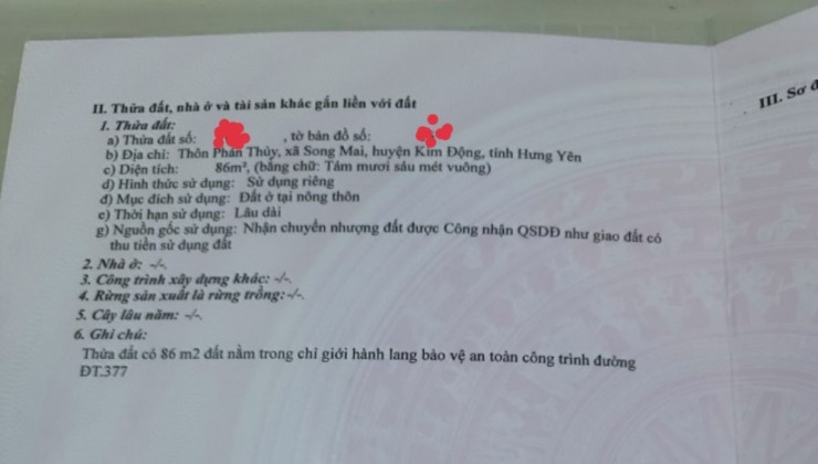 !! HÓT *  CHÍNH CHỦ BÁN NHANH LÔ ĐẤT MẶT ĐƯỜNG 377 THÔN PHÁN THỦY, XÃ SONG MAI, HUYỆN KIM ĐỘNG, TÌNH HƯNG YÊN => Chỉ 1tỷ450