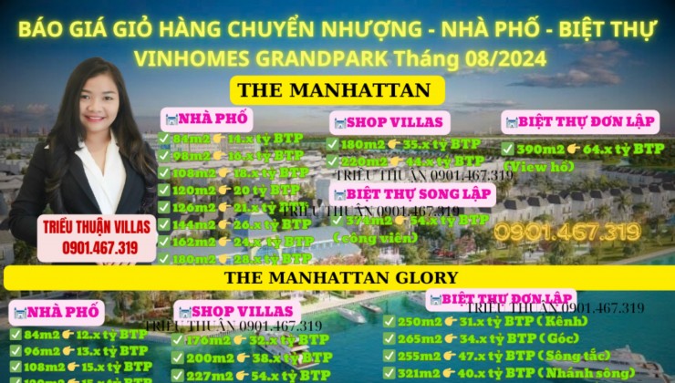 BÁO GIÁ GIỎ HÀNG CHUYỂN NHƯỢNG - NHÀ PHỐ - BIỆT THỰ - VINHOMES GRANDPARK Tháng 08/2024