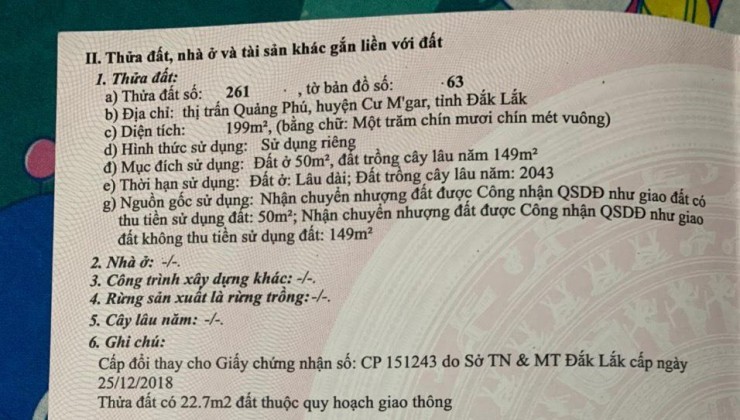 CHÍNH CHỦ CẦN BÁN LÔ ĐẤT Mặt Tiền Đường Nhựa Tại TT Quảng Phú, Cư Mgar, Đăk Lăk