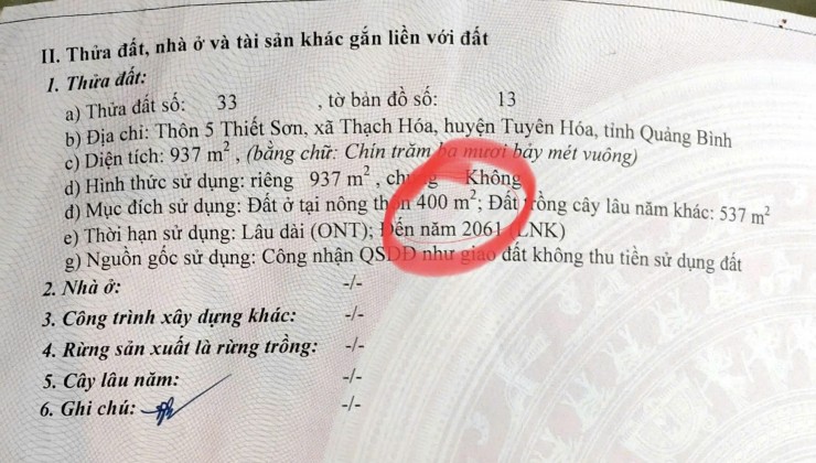 CHÍNH CHỦ CẦN BÁN GẤP MẢNH ĐẤT TẠI TUYÊN HÓA, QUẢNG BÌNH