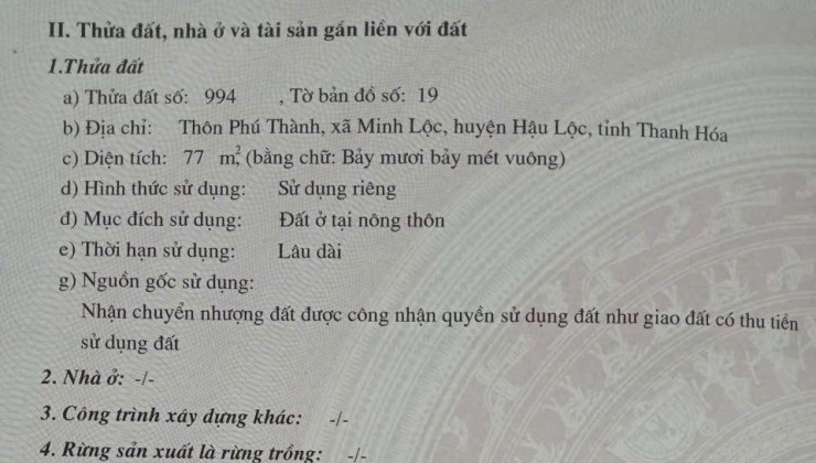 ĐẤT ĐẸP – GIÁ TỐT - CHÍNH CHỦ CẦN BÁN LÔ ĐẤT 2 MẶT TIỀN Ở  Phú Thành, Minh lộc, Hậu Lộc, Thanh Hoá