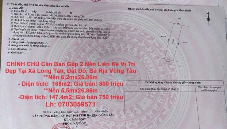 CHÍNH CHỦ Cần Bán Gấp 2 Nền Liền Kề Vị Trí Đẹp Tại Xã Long Tân, Đất Đỏ, Bà Rịa Vũng Tàu