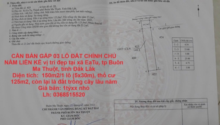 CẦN BÁN GẤP 03 LÔ ĐẤT CHÍNH CHỦ NẰM LIỀN KỀ vị trí đẹp tại tp Buôn Ma Thuột, tỉnh Đắk Lắk