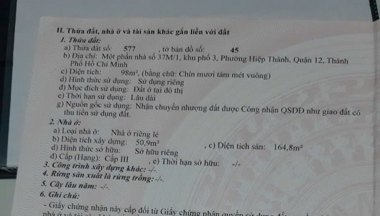 BÁN NHÀ MẶT TIỀN ĐƯỜNG HT 44, P. HIỆP THÀNH, Q.12, 4.5X25M ĐÚC 3 TẤM GIÁ 6.25T