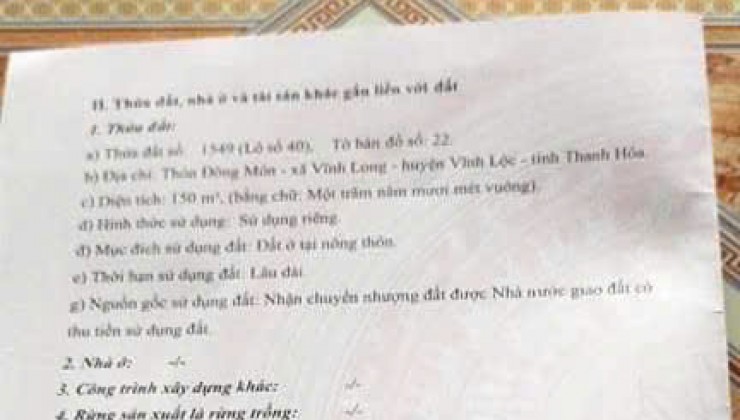 CHÍNH CHỦ BÁN LÔ ĐẤT ĐẸP 150M2 MẶT ĐƯỜNG TẠI VĨNH LONG, VĨNH LỘC, THANH HÓA