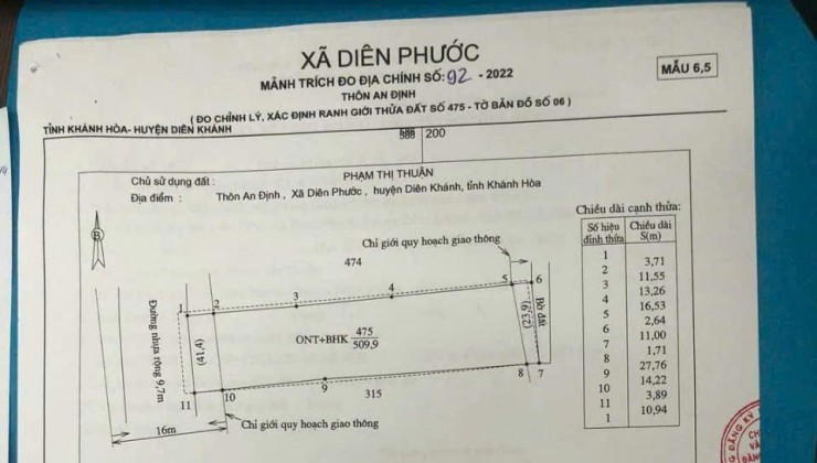 Bán Đất Đẹp - Diện Tích 509.9m2 Tại Xã Diên Phước, Diên Khánh.