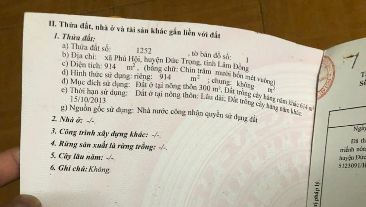 Đất Đẹp - Giá Tốt - ĐẤT NỀN ĐẸP VỊ TRÍ ĐẮC ĐỊA XÃ PHÚ HỘI ,ĐỨC TRỌNG, LÂM ĐỒNG