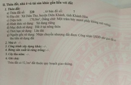 BÁN ĐẤT ĐẸP FULL THỔ CƯ, CÁCH MẶT TIỀN ĐƯỜNG TL2 KHOẢNG 20M DIÊN THỌ, DIÊN KHÁNH - CHỈ 800TR!