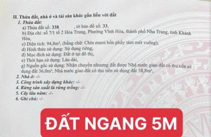 GIÁ SỐC! LÔ ĐẤT FULL THỔ, HẺM Ô TÔ HOÀ TRUNG,VĨNH HOÀ, NHA TRANG.