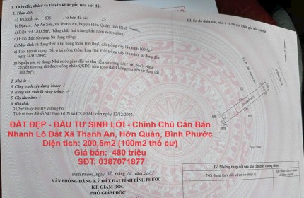 ĐẤT ĐẸP - ĐẦU TƯ SINH LỜI - Chính Chủ Cần Bán Nhanh Lô Đất Xã Thanh An, Hớn Quản, Bình Phước