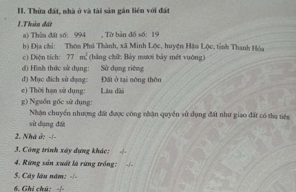 ĐẤT ĐẸP – GIÁ TỐT - CHÍNH CHỦ CẦN BÁN LÔ ĐẤT 2 MẶT TIỀN Ở  Phú Thành, Minh lộc, Hậu Lộc, Thanh Hoá