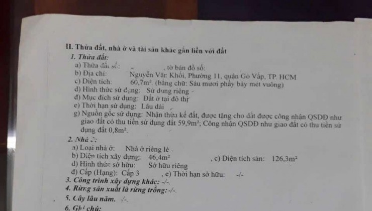 KHÔNG CÓ CƠ HỘI THỨ 2, NGUYỄN VĂN KHỐI, QUẬN GÒ VẤP, HẺM Ô TÔ THÔNG, 62M2, 3 TẦNG BTCT MỚI ĐẸP 6PN. 5.9 TỶ.
