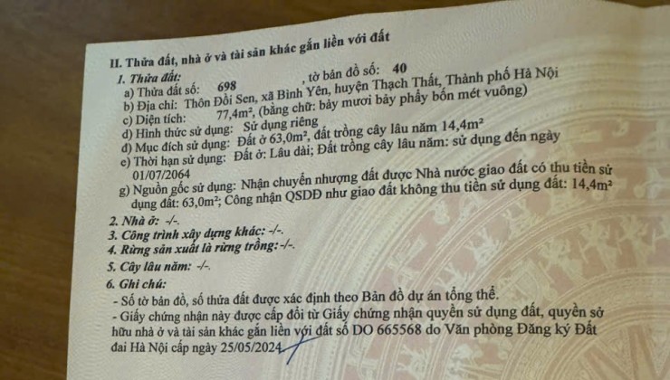 ĐẤT CHÍNH CHỦ - GIÁ TỐT - Vị Trí Đẹp Tại Thôn Đồi Sen, Xã Bình Yên, Huyện Thạch Thất, TP Hà Nội