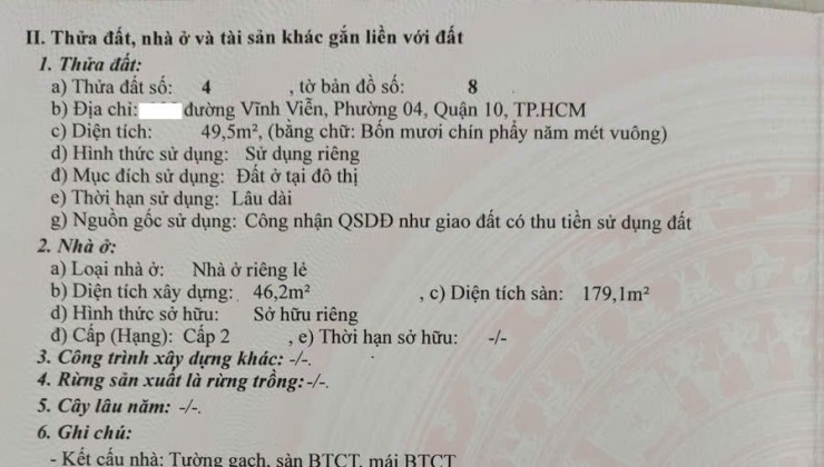 BÁN NHÀ CHÍNH CHỦ MẶT TIỀN VĨNH VIỄN, PHƯỜNG 4, QUẬN 10, TPHCM, GIÁ LÀ 23 TỶ