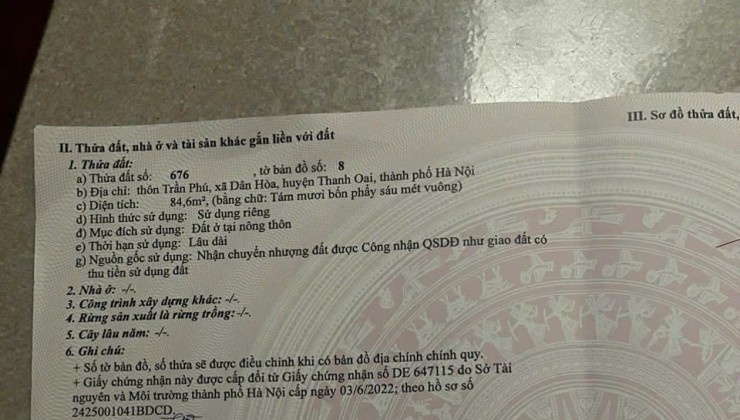 CHÍNH CHỦ BÁN LÔ ĐẤT ĐẸP - GIÁ TỐT - Vị Trí Đắc Địa Tại Thôn Trần Phú, Xã Dân Hòa, Huyện Thanh Oai, TPHN