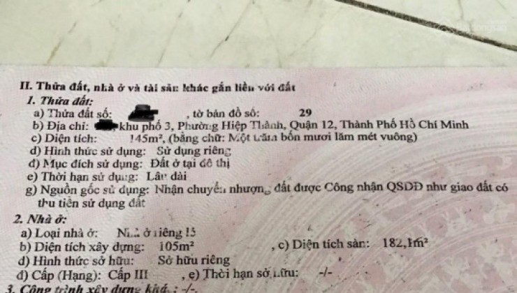 Bán nhà mặt tiền Trần Thị Bảy (HT13 cũ) DT 5.8 x25m trệt lầu đang cho thuê 15 tr/ th, giá 13.5 tỷ