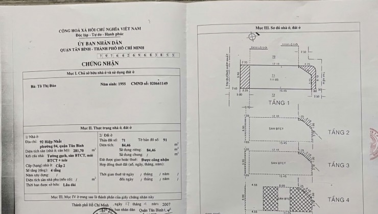 BÁN NHÀ HAI MẶT TIỀN ĐƯỜNG HIỆP NHẤT, PHƯỜNG 4, QUẬN TÂN BÌNH, TP HCM, GIÁ LÀ 22.5 TỶ