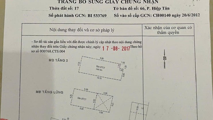 Nhà  hẻm 6m Tô Hiệu phường Hiệp Tân quận Tân Phú 4,2x11, 3 tầng, chỉ 5 tỷ